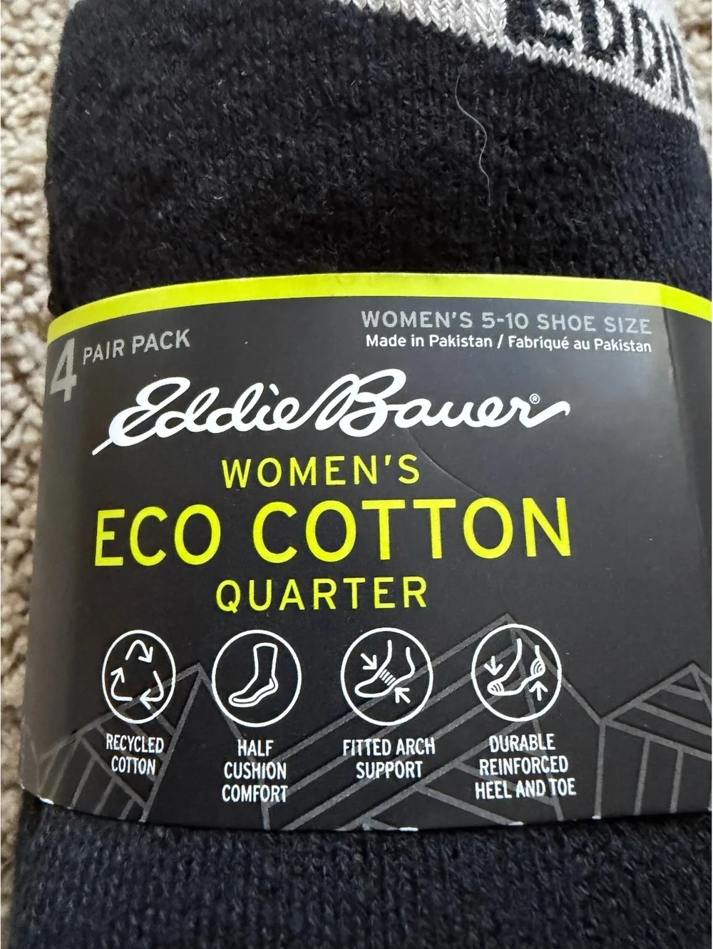 NWT Eddie Bauer women's eco-cotton quarter socks 4 pair black gray toe cushion